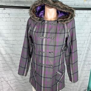 Volcom flannel/plaid double breasted jacket with Faux Fur Hood Medium